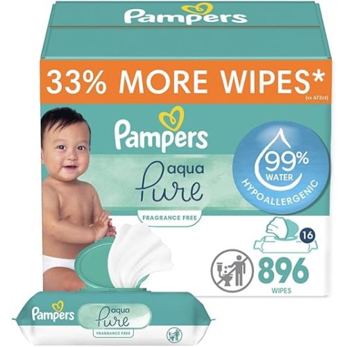 Pampers Aqua Pure Sensitive Baby Wipes, 99% Water, Hypoallergenic, Unscented Baby Wipes, 896 Baby Wipes Total (16 Flip-Top Packs)