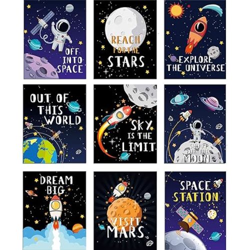 Blulu 9 Pieces Outer Space Decor for Kids Room Boy Bedroom Space Posters 8 x 10 Inch Cute Inspirational Art Decoration for Boys and Girls Playroom Nursery