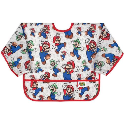Bumkins Sleeved Bib Baby Bib, Toddler Bib, Smock, Waterproof Fabric, Fits Ages 6-24 Months - Nintendo - Mario & Luigi