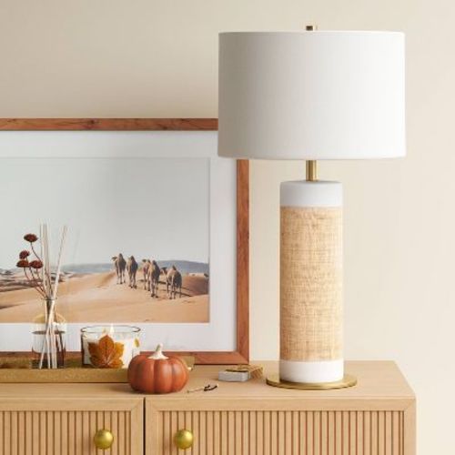 Ceramic Table Lamp With Natural Wrap White (light Bulbs Not Included) - Threshold™: Bedside, Rattan Style, Drum Shade