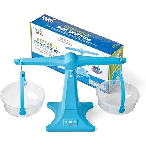 hand2mind Blue Nestable Pan Balance, Clear Double Balance Scale for Kids, Weight Scale for Liquids and Solids, Easy to Assemble, Space Saving Storage Base, Balance Scale for Classroom (Set of 1)