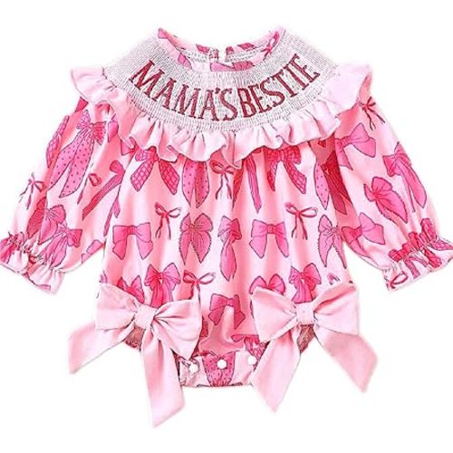 Deerhobbes Design your own Newborn Baby Girl Smocked Romper - Bow pattern Ruffle Sleeve Bubble Bodysuit for Summer
