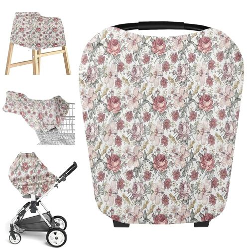 Little Jump Multi-use Baby Carseat Cover, Western Wild Flowers Breathable Nursing Cover, High Stretchy Infant Carseat Canopy, Stroller Cover, Car Seat Covers for Bbies, Boys & Girls (Vintage Floral)