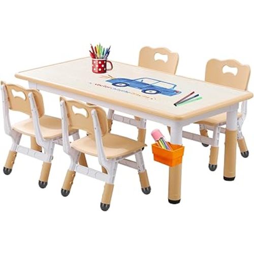 Kids Table and Chair Set, Toddler Table and Chair Set, Height Adjustable, Non-Slip Table Legs&Organizer, Graffiti Desktop, Suitable for Kids Table and Chairs Ages 3-12
