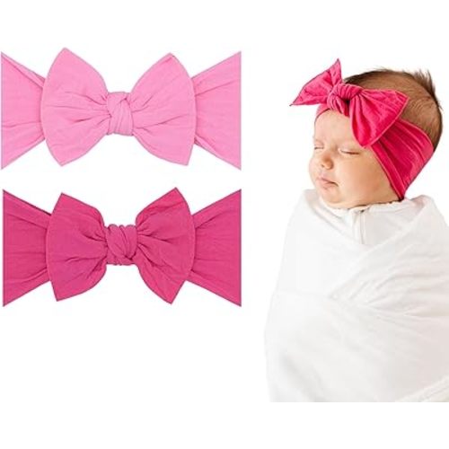 Baby Bling Bows - Newborn to Little Baby Girl Bows, 2 Pack Nylon Super Soft Stretchy Knot Toddler Headbands, Perfect Hair Accessories Head Bands for Infant Kids(Bubblegum & Hot Pink)