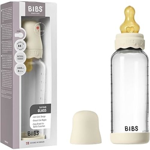 BIBS Boheme Baby Glass Bottle 8 oz /240 ml. Anti-Colic. Round Natural Rubber Latex Nipple. Supports Natural Breastfeeding - Ivory