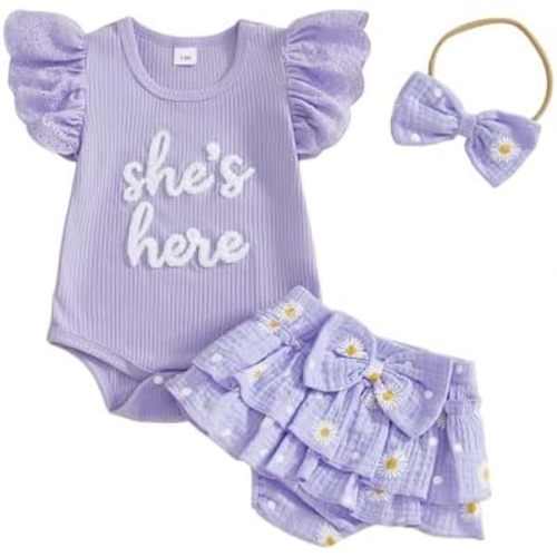 Madjtlqy She is Here Newborn Outfit Baby Girl Clothes 0 3 6 9 12 18 Months Ruffle Sleeve Romper Headband Shorts Set