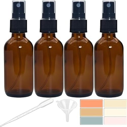 4 PACK 2 oz Amber Small Glass Spray Bottles, Empty Spray Bottle for Hair, Plants, Perfume - Fine Mist, 2oz Mini Spray Bottle