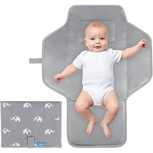 PHOEBUS BABY Portable Changing Pad with Built-in Pillow — Foldable Travel Diaper Changing Mat, One-Hand Open Waterproof Changing Station for On-the-Go Moms, Fits Diaper Bag (Cute Elephant)