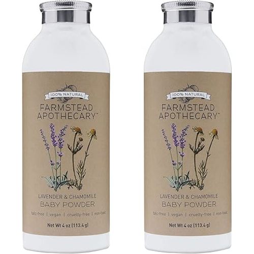 Farmstead Apothecary 100% Natural Baby Powder (Talc-Free) with Organic Tapioca Starch, Organic Chamomile Flowers, Organic Calendula Flowers, Lavender & Chamomile 4 oz (Pack of 2)