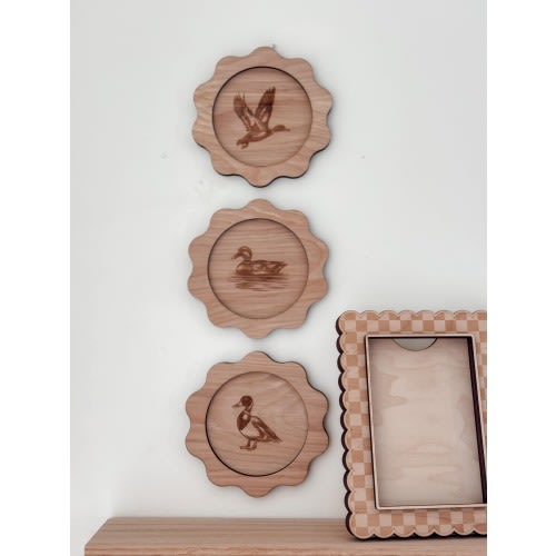 Set of 3 Laser Engraved Mallard Duck Signs, Scalloped Walnut Nursery Wall Art