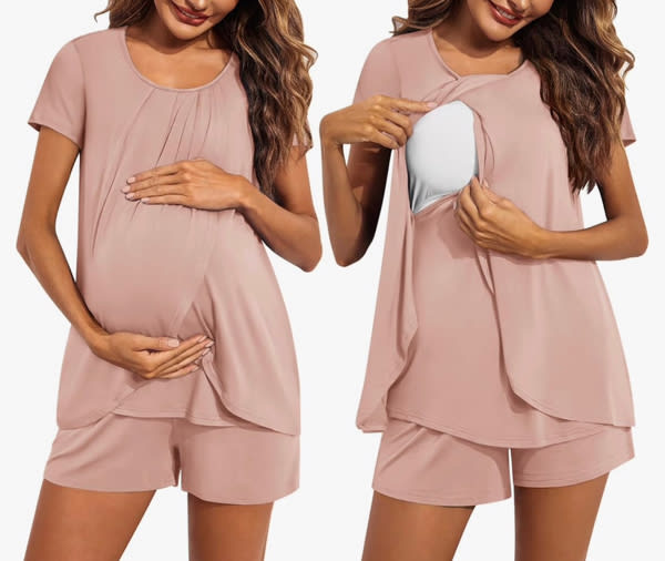 Ekouaer Women's Maternity Nursing Pajamas Set Breastfeeding Sleepwear Double Layer Short Sleeve Top & Shorts Nursing Pjs