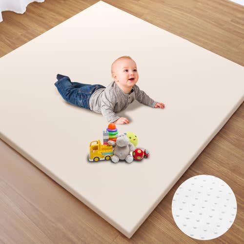 TINYHARBO Baby Play Mat for Floor – Vegan Leather Playpen Mat, Extra Thick Foam, Waterproof & Non-Slip Crawling Mat, Easy Wipe-Clean Floor Mat for Infants and Toddlers, Beige