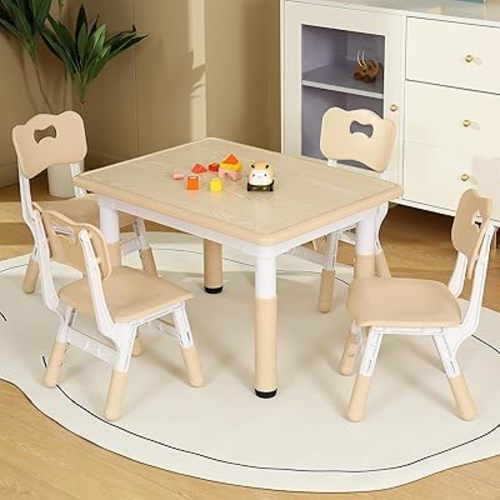 Toddler Table and Chair Set, Height Adjustable Kids Table and Chair Set of 4, 31.5''L x 23.6''W Multifunctional Toddler Table for Reading, Drawing, Eating, for Ages Over 3, Burlywood