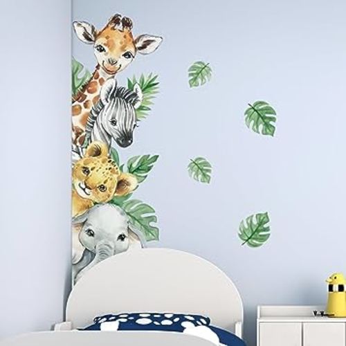 Supzone Jungle Animal Wall Stickers Cartoon Animal Wall Decals Giraffe Zebra Elephant Green Leaves Wall Art Sticker for Kids Baby Nursery Bedroom Playroom Kindergarten Wall Decor