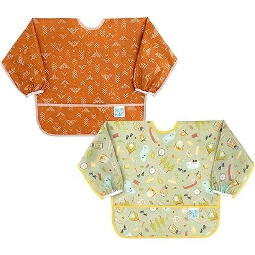 Bumkins Sleeved Bib for Girl or Boy, Baby and Toddler for 6-24 Mos, Essential Must Have for Eating, Feeding, Baby Led Weaning Supplies, Long Sleeve Mess Saving Food Catcher, 2-pk Camp and Grounded