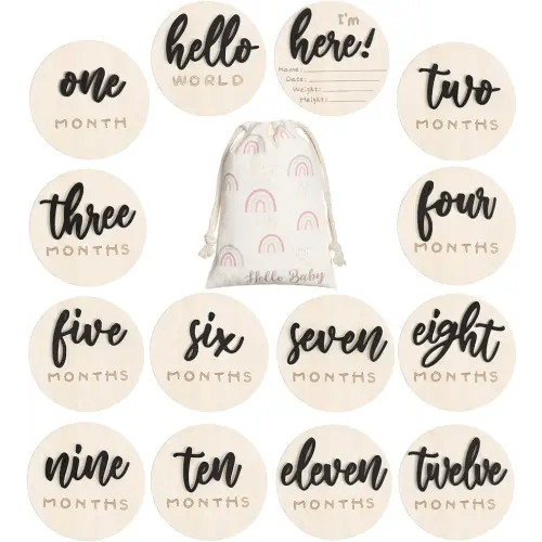 7 Pack 3D Baby Monthly Milestone Card Signs Baby Announcement Sign Double Sided Hello World Newborn Signs Wooden Circles Discs for Welcome Newborn Shower Boy Girl Photo Props(Black)
