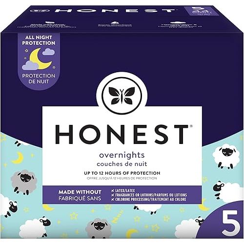 The Honest Company Clean Conscious Overnight Diapers | Plant-Based, Sustainable | Sleepy Sheep | Club Box, Size 5 (27+ lbs), 44 Count