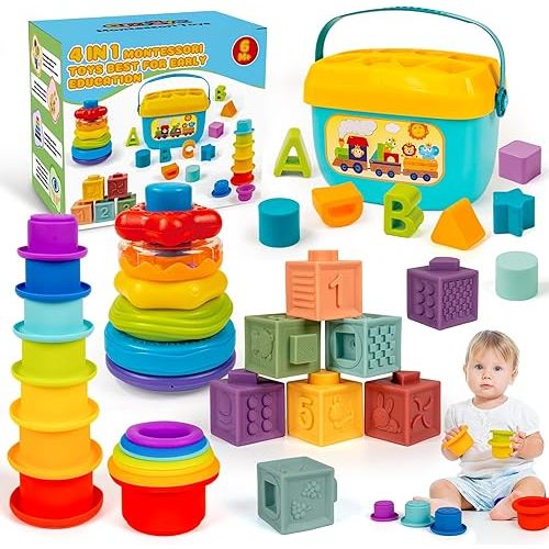GJOF2YK Montessori Baby Toys for Ages 6–18 Months with Sensory Shape Sorter Matching Game Toy Stacking Ring Soft Building Blocks Developmental Learning Toys for Toddlers 1+ Year Old