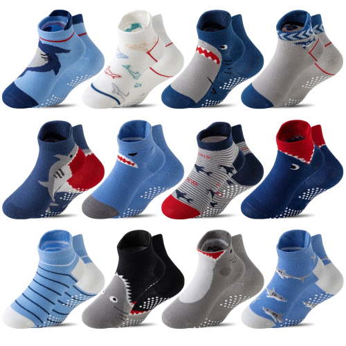 12 Pairs Baby Boys Grips Ankle Socks Kids Toddlers Infants Anti Slip Non Skid Funny Cartoon Crew Breathable Cotton Socks