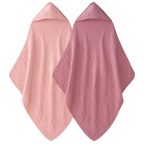 Unnivoll Hooded Baby Towels 100% Muslin Cotton Baby Bath Towels with Hood 2 Pack Baby Towels for Newborn, Infant, Toddler, Kids, Large 32x32Inches, Soft and Absorbent Newborn Essential Pink