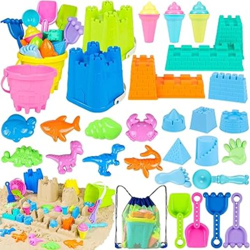 Beach Toys for Kids Toddlers, Sand Castle Toys with 4 Sand Bucket and Shovels, Mesh Bag & Molds, Ice Cream Travel Sandbox for Beach Sandbox for Toddlers Kids Baby Boys Girls Age 3-10