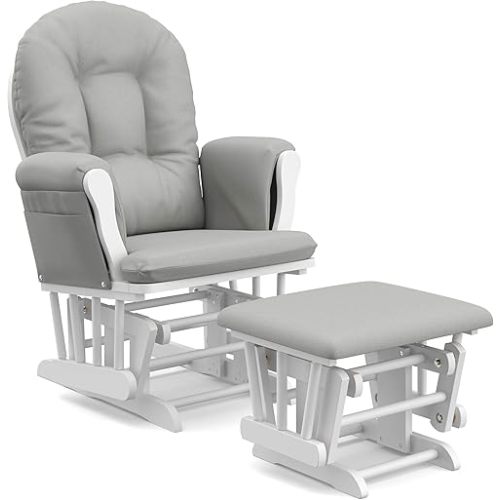Storkcraft Premium Hoop Glider and Ottoman (White Base, Light Gray Cushion) – Padded Cushions with Storage Pocket, Smooth Rocking Motion, Easy to Assemble, Solid Hardwood Base