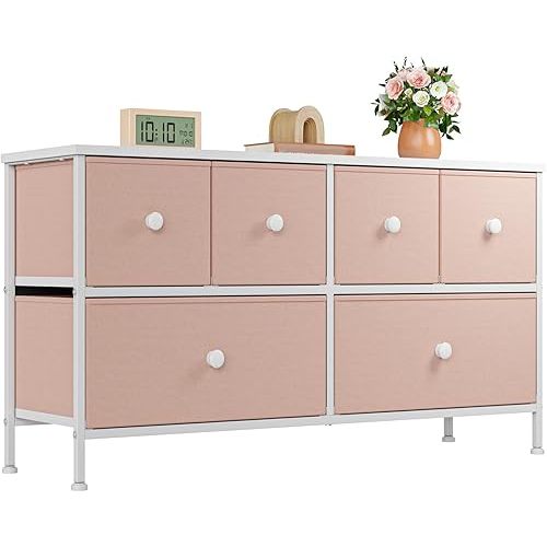 EnHomee Pink Dresser for Bedroom with 6 Drawers, Wide Dressers & Chests of Drawers, Storage Organizer Unit with Fabric Dresser, TV Stand for Bedroom, Closet, Hallway, Pink