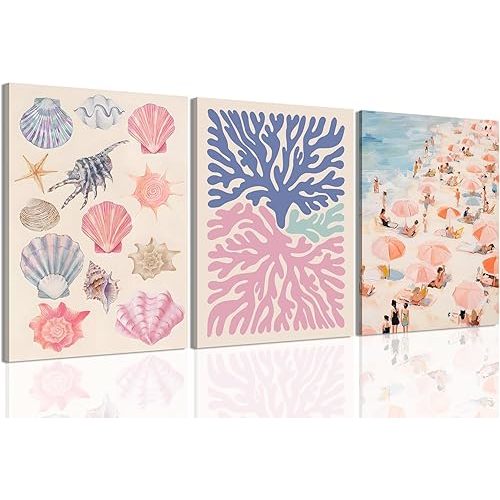 Preppy Beach Wall Art Set of 3, Teen Beach Room Decor Coastal Girl Beachy Canvas Poster Prints, Abstract Beach Painting Wall Decor Aesthetic for Bedroom Living Room Framed 12x16 Inch