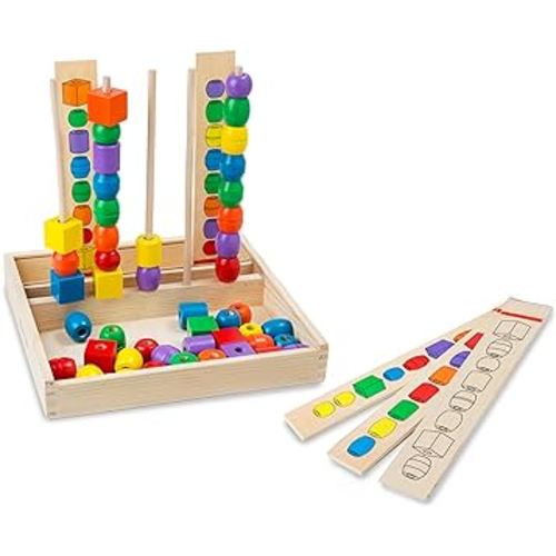 Melissa & Doug Bead Sequencing Set With 46 Wooden Beads and 5 Double-Sided Pattern Boards - Color Recognition Toys, Matching Shapes Stacker, Shape Sorter Toys For Kids Ages 4+