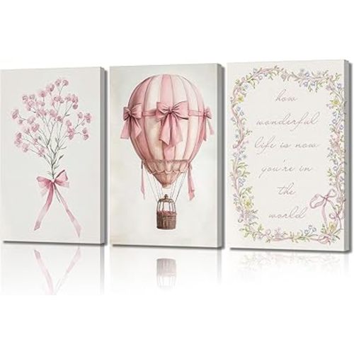 3Pcs Pink Nursery Canvas Wall Art Pictures Cute Baby Girls Room Posters Print Neutral Pink Bow Bouquet Hot Air Balloon Pastel Painting Wall Decor for Kids Room Little Girl Bedroom 16x24in Framed