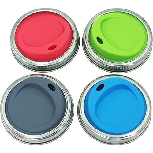 Reusable Food Grade and BPA Free Silicone Sip Coffee Juice Drinking Lid Kit with Stainless Steel Rings for Mason, Ball, Canning Jars, Pack of 4 Sets (Wide Mouth,Oval Drinking Hole)
