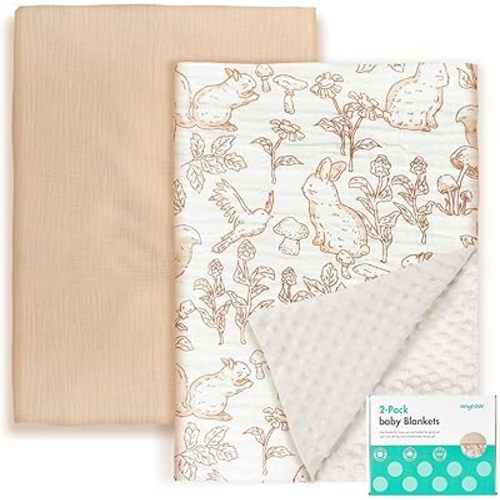 2-Pack Muslin Minky Baby Blanket for Boys and Girls - Soft Baby Blankets, Nursery Minky Blankets with Muslin Cotton Front and Dotted Fleece Backing, Cozy and Lightweight Newborn Blanket