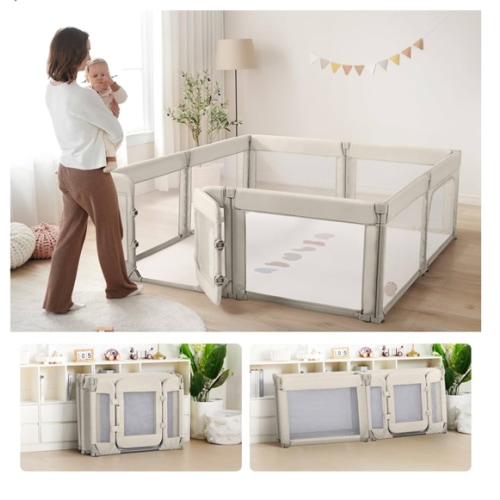 Baby Playpen,Large Play Pen for Babies and Toddlers with Door 79x71 Inch, Adjustable Playpen Non-Slip Suction Cups Base Safe and Sturdy, Indoor Outdoor Playard,Khaki