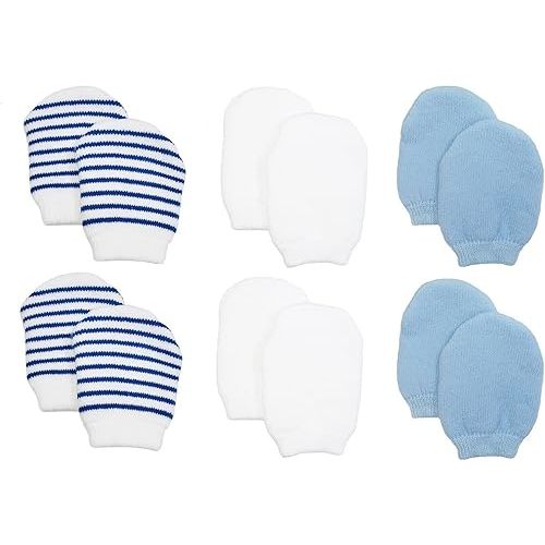 Newborn Baby No Scratch Cotton Mittens - 6 Pairs (White, Blue, Blue Stripes)