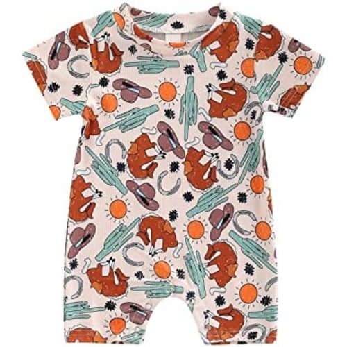 Gueuusu Country Baby Clothes Boy Girl Western Cow Print Short Sleeve Romper Bodysuit Ribbed One Piece Jumpsuit Summer Outfit
