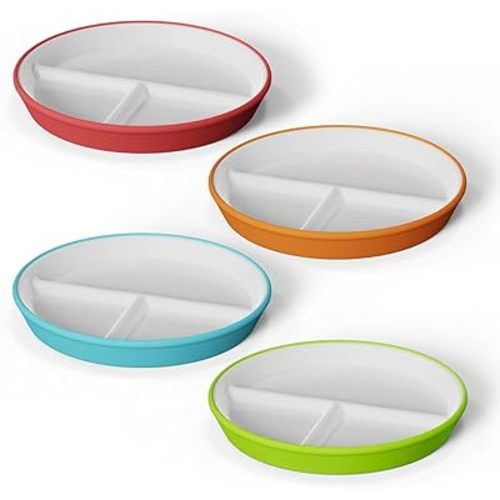 Kids Porcelain Plates with Anti-Slip Silicone Sleeves | Microwave & Dishwasher Safe | Premium Divided Toddler Plates for Hassle-Free Eating | Perfect for Toddlers & Kids of All Ages - Set of 4 Plates