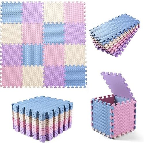 Foam Play Mat for Baby, EVA Non-Toxic Interlocking Floor Mats, Solid Colored Foam Puzzled Floor Mats, Baby Play Mat Exercise Mats, 16 Tiles(Beige/Pink/Purple/Gray Blue)