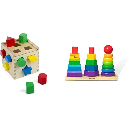 Melissa & Doug Geometric Stacker - Wooden Educational Toy & Shape Sorting Cube - Classic Wooden Toy with 12 Shapes