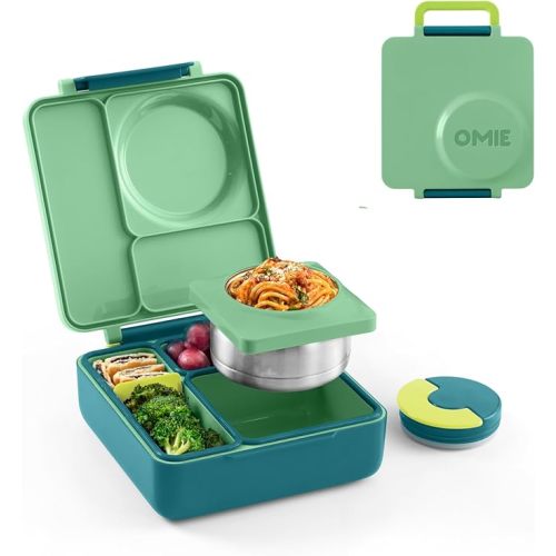 OmieBox Bento Box for Kids - Insulated Bento Lunch Box with Leak Proof Thermos Food Jar - 3 Compartments, Two Temperature Zones - (Meadow)