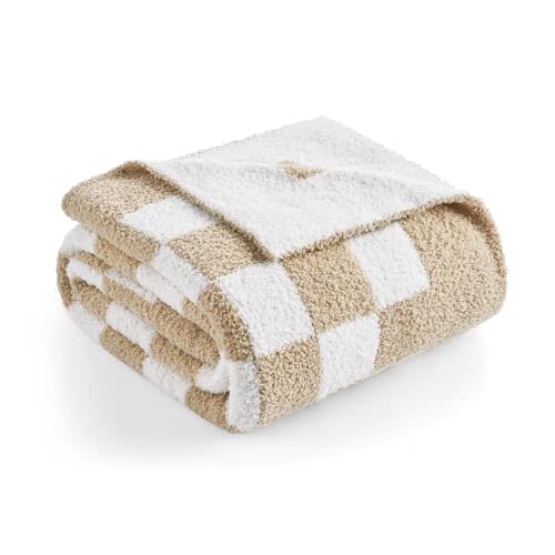 Snuggle Sac Checkered Throw Blanket for Couch, Super Soft, Cozy Warm Knit Blankets, Reversible Fluffy Checker Throws for Sofa, Bed, Checkered Beige, 50x60 Inches