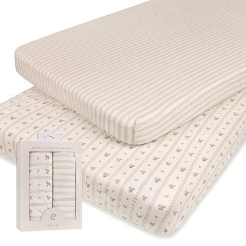 Ely’s & Co. Pack and Play Sheets, for Mini/Portable Crib, 2 Pack Fitted Playpen Play Yard Sheet Set Compatible with Graco Pack n Play, for Baby Boys, 100% Cotton, Blue Linear Berry, 38”x24”x5”