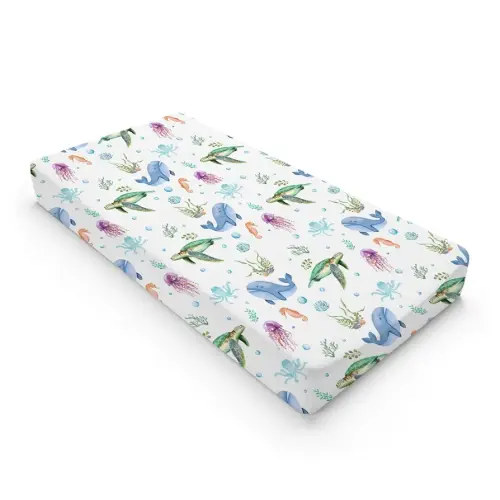 Colorful Sea Animals Changing Pad Cover Ocean Turtle Whale Jellyfish Sea Horse Weeds Sealife Diaper Change Table Pad Cover for Boys Girls Soft Stretch Fitted Changing Mat Sheets Cover 32''x16''