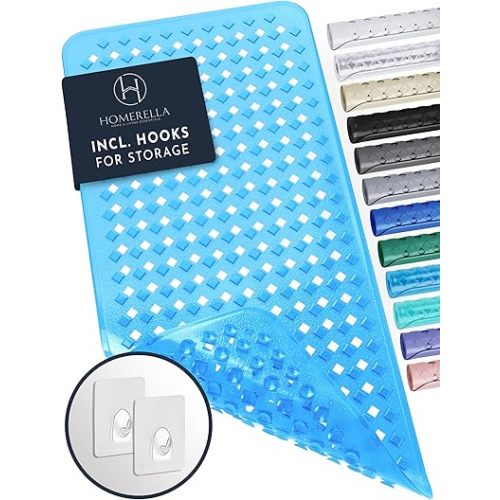 homerella® Bath Mat for Tub Non Slip Mold Resistant 35x16 - Shower Mat Non Slip Anti Mold - Bath Tub Mat Suction Cups incl. Hooks for Drying - Bathtub Mat Non Slip - ANI Slip Shower Mat Inside Tub
