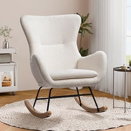 Nursery Rocking Chair, Modern Glider Rocker Chair for Baby Nursery, Upholstered Accent Chair with Side Pocket & High Backrest, Teddy Fabric Sherpa Armchair for Bedroom Living Room, Beige