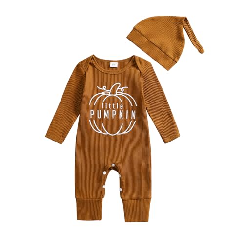 GOOCHEER Newborn Baby Boy Girl Halloween Coming Home Outfit Little Pumpkin Knit Long Sleeve Romper Jumpsuit +Hat Fall Clothes