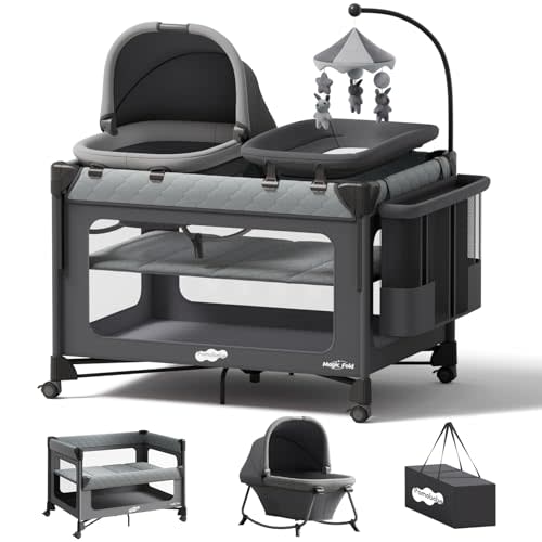 Pamo Babe Pack and Play with Bassinet - 7 in 1 One-Step Setup Bedside Crib, Portable Playpen, Travel Crib, Baby Playard with Diaper Changing Station, Toy Bar & Large Storage Bag