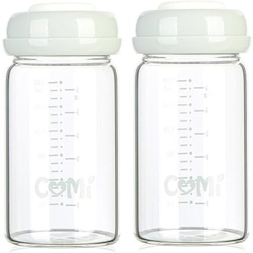 COMI Wide Neck Glass Breastmilk Collection n Storage Bottle, 6oz with Screw Ring Sealing Disk; Re-markable Sealing Disc. BPA Free, Fits Breast Pumps & Nipples (2 Pack Gray Lids)