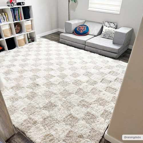 Atira Light Brown Checkered Area Rug | Checkered Shag Rug