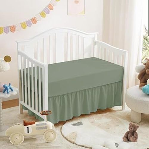 Mini Crib Ruffle Bed Skirt (24” x 38”) with 10” Inch Drop Dust Ruffle for Baby Boys or Girls Nursery Crib Toddler Bed Skirt Microfiber Fabric - Sage Solid